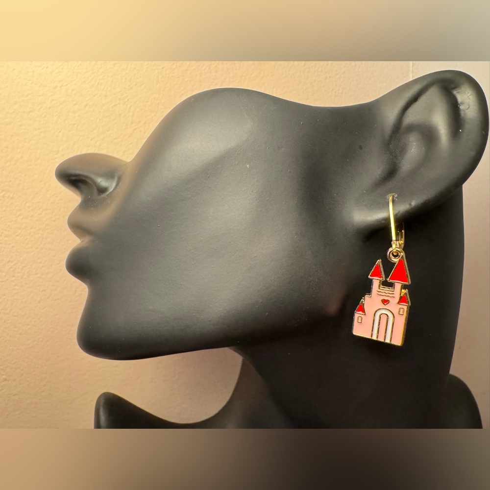 Pink Princess Castle Charm on 24k Gold Plated Lever back Earring Hooks.